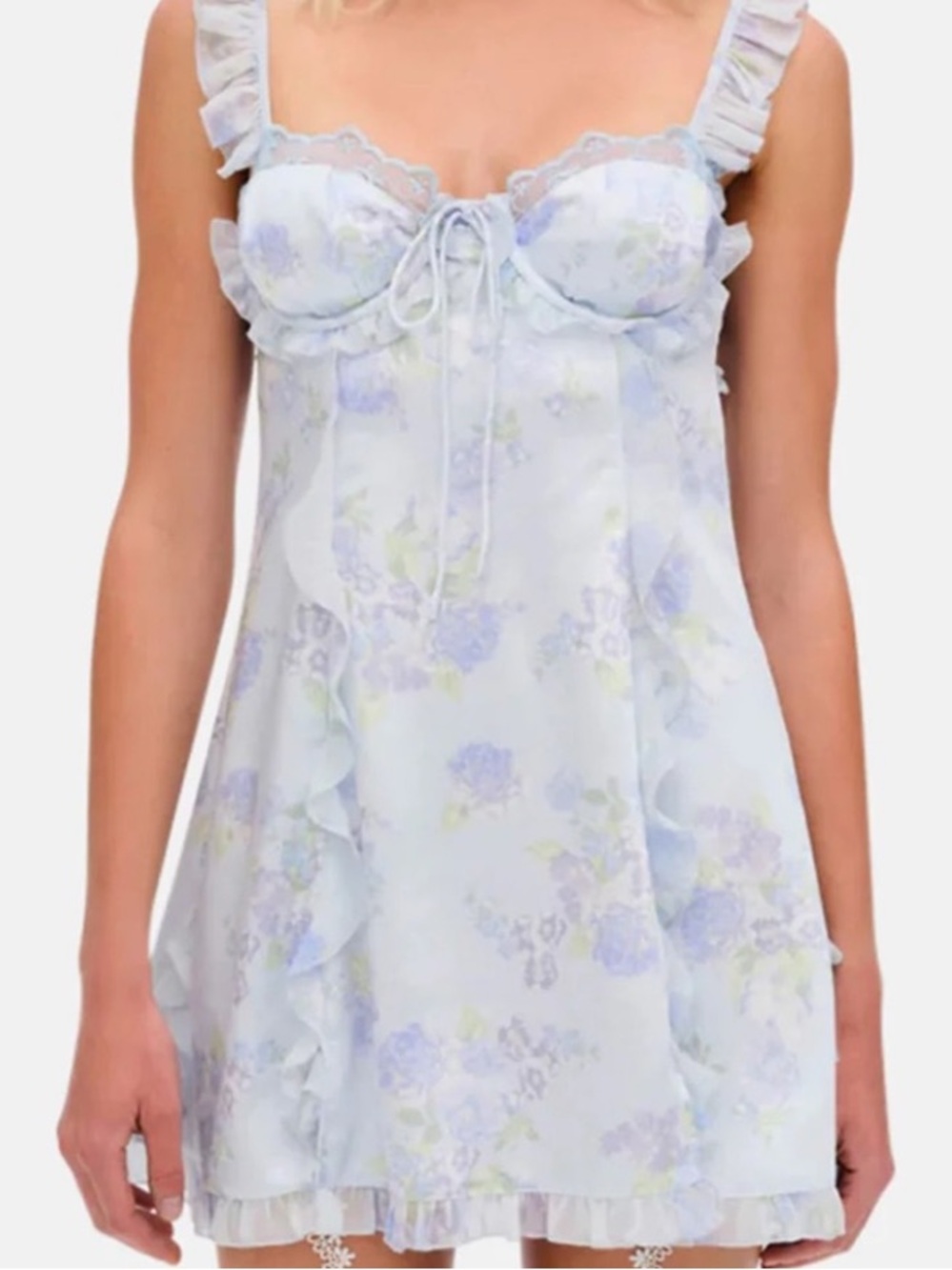 For Love & Lemons Marisa Pale Blue Floral Ruffle Mini Dress Satin Chiffon NWOT